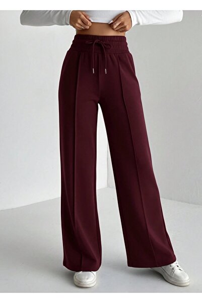 Sun Victoria Women's Burgundy Extra High Waist Striped Wide Leg Sweatpants