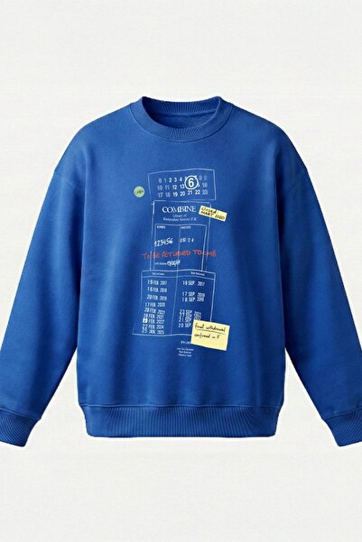 COMBİNE MİCHAİL Men's Printed Oversized Blue Sweatshirt