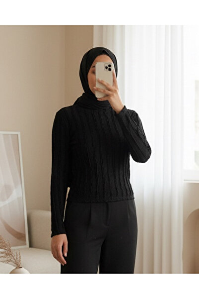 Modamorfo Women's Textured Stretch Knit Blouse 975 - Black