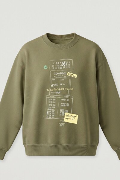 COMBİNE MİCHAİL Men's Printed Oversized Khaki Sweatshirt
