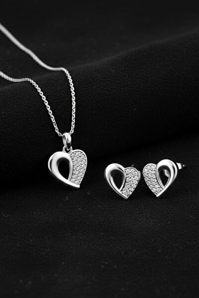 Roza Silver 925 Ayar Gümüş Rodyum Kaplama Zirkon Taşlı Minimal Kalp Kolye-Küp...