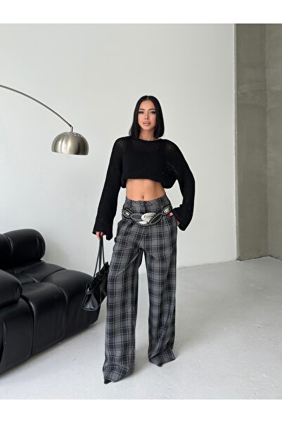LE CARAMBOLE Women's Gray Plaid Patterned Wide Leg Pants