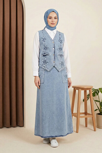 MODAQU Vest Skirt Embroidery Detailed Denim Combination - Ice Blue