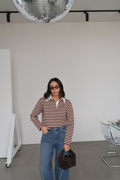 Özge Özgenç Polo Collar Striped Long Sleeve Sweatshirt