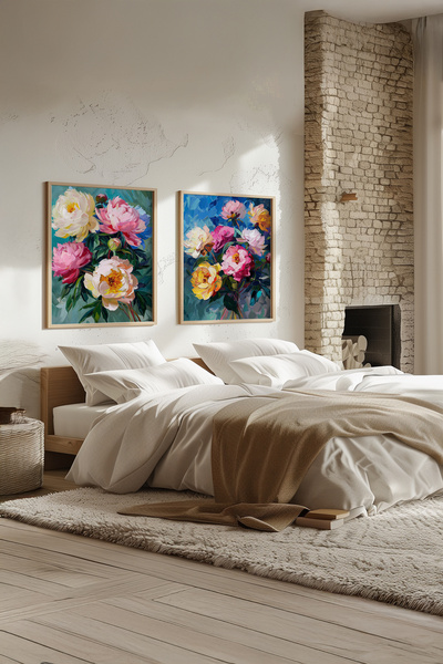 STARYUNA Wooden Framed Oil Painting Effect Colorful Peony Double Painting Set...