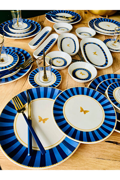 CASA DE BELLA Lacivert Çizgili 38 Parça 6 Kişilik Lüks Kahvaltı Takımı