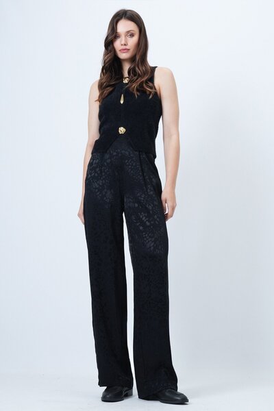 Trend Alaçatı Stili Kadın SİYAH Desenli Fermuar Kapamalı Çift Cepli Palazzo P...