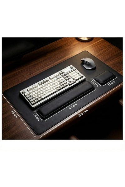 Generic 3-piece leather desk set - Large desk mat 100*45 cm with comfortable wrist rest for keyboard and mouse - Black
