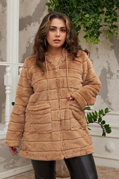 RMG Cep Detaylı Büyük Beden Uzun Taba Peluş Vizon