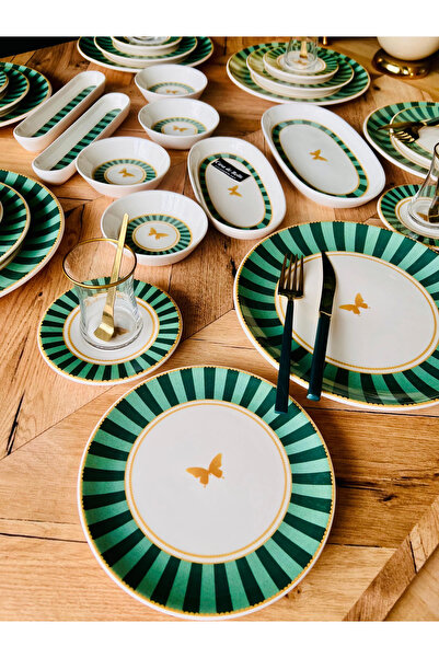 CASA DE BELLA Yeşil Çizgili 38 Parça 6 Kişilik Lüks Kahvaltı Takımı
