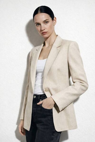 AuraWear Krem Keten Dokuma Kadın Blazer Ceket