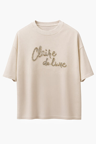 Amia&Co. Tricou de damă 100% bumbac, bej, cu mânecă scurtă, decolteu rotund ș...