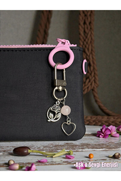 WhimsyWhite Pink Quartz Natural Stone Keychain – Heart & Rose Charm |   Love,...