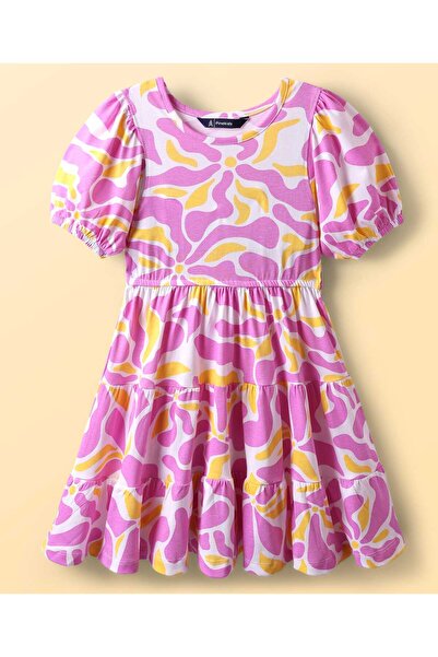 Pine kids Cotton Knit Half Sleeves Fit & Flare Frock with Abstract Print - Pink