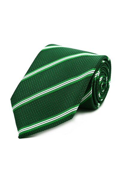 Sade Kravat Green and White Striped Special Woven Tie 32410 Green