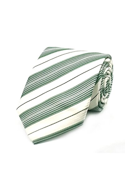Sade Kravat White Soft Green Striped Silk Tie 30920 White