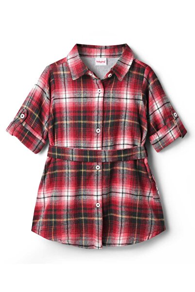 Babyhug Cotton Knit Full Sleeves Shirt Dress With Checks & Belt - Maroon