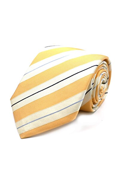 Sade Kravat Soft Mustard Yellow Cream Striped Silk Tie 31921 Yellow