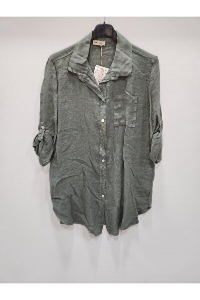 della moor Women's Khaki Italian Casual Long Linen Shirt Tunic Size 38 - 42