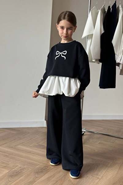 aura7 collection طقم ملابس للفتيات مكون من 3 قطع باللون الأسود مع تطريز فيونك...