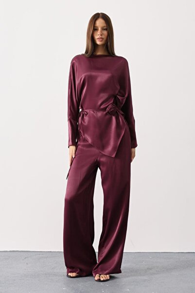 Trend Alaçatı Stili Women's Plum Rose Brooched Tie-Waist Asymmetrical Cut Blo...