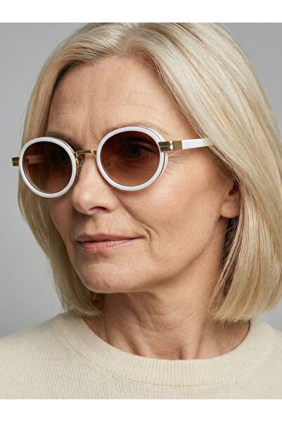 funeyes Max Ellipse Oval White Frame Brown Glass Sunglasses Unisex Metal Tren...