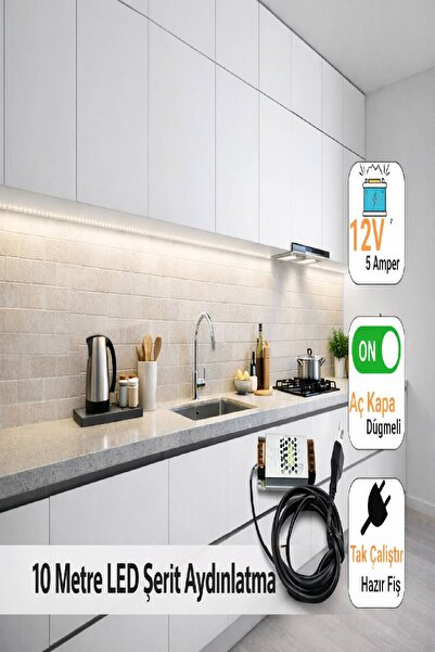 Sanctum Mutfak Dolabı Için 10 Mt. Şerit Led Işık Beyaz 5 Amper Trafo Aç Kapa ...