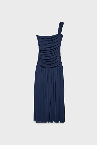 Stradivarius Asymmetric strap tulle midi dress