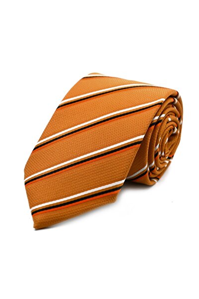 Sade Kravat Koyu Hardal Sarı Turuncu Siyah Beyaz Çizgili Kravat 31912 Sarı