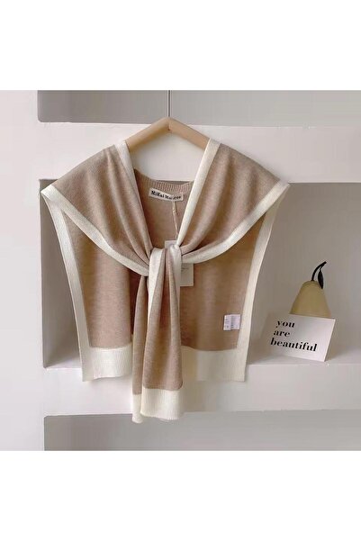 ElevaGlam Yeni Stil Triko Omuz Şalı Sütlü Kahve Beyaz Desenli