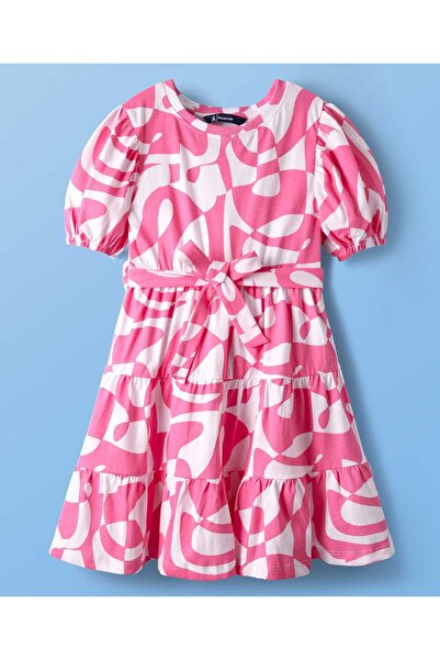 Pine kids Cotton Knit Puffed Sleeves Frock With Abstract Print - Pink