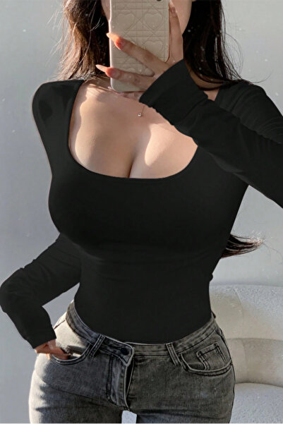 Tarz Cool Women's Black Square Neck Long Sleeve Stretchy Bodysuit – Casual & ...
