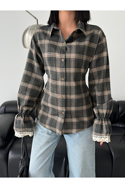AYKA WEAR Kadın Bileği Dantel Fit Ekose Gömlek