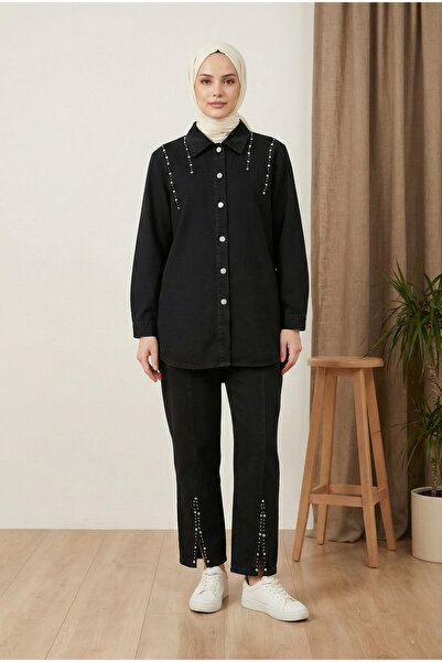 MODAQU Slit Detailed Stoned Tunic Trousers Jeans Set - Black