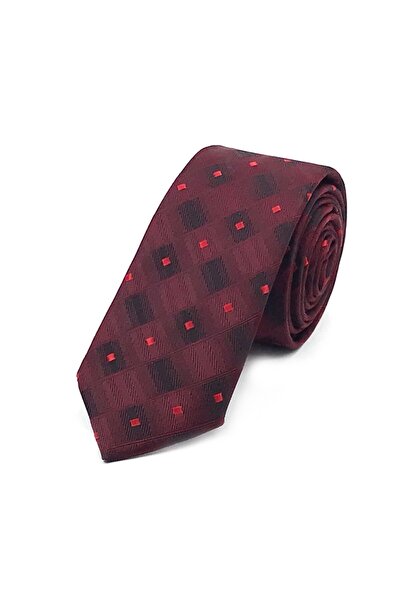 Sade Kravat Bordo Kırmızı Siyah Küçük Desenli İnce Kravat 31104 Bordo
