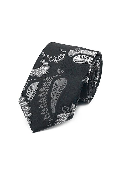 Sade Kravat ربطة عنق مزخرفة بنمط الشال باللون الأسود والرمادي والأبيض 31330 أسود