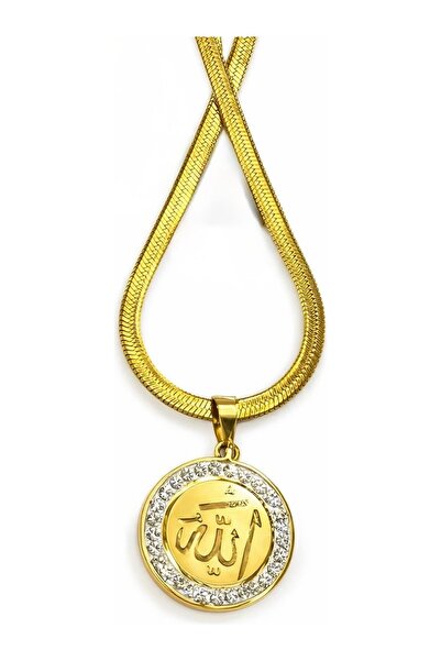 Vipfoni Allah Yazılı Zirkon Taşlı İtalyan Zincirli Yuvarlak Çelik Kolye M-1