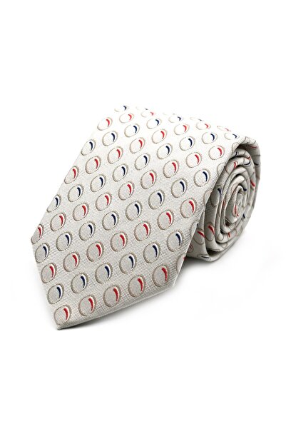 Sade Kravat White Red Navy Blue Special Polka Dot Patterned Silk Tie 32181 White