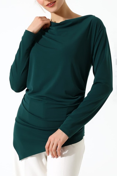 Sabr Sandy decolteu larg detaliu încrețit Bluză asimetrică cu mânecă lungă – ...