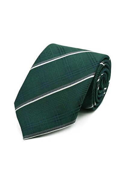 Sade Kravat Koyu Yeşil Gri Beyaz Ekose Çizgili Kravat 32698 Koyu Yeşil