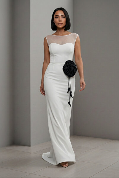 ALFUDO Moda Collection Women's Tulle Collar Floral Detailed Sleeveless Long E...