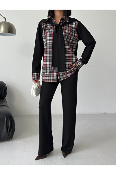 AYKA WEAR Women's Plaid Patterned Self-Tie Accessory Shirt Set