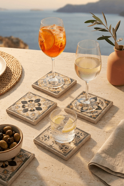 Baumatelier Vintage Yeşil Tile Desen Doğal Taş Traverten Bardak Altlığı Stone...