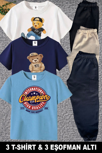 twins tailors Teddybear Printed 3-Pack Light Blue-White-Navy Blue Unisex Chil...