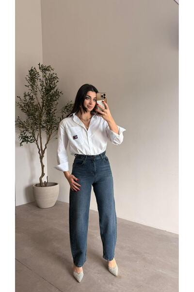 Bade Butik Blugi Mom cu detaliu cataramă albastră