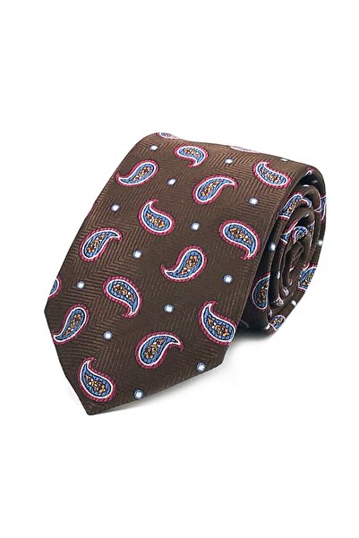 Sade Kravat Kahve Fuşya Mavi Turuncu Beyaz Özel Dokuma Şal Desenli İpek Krava...