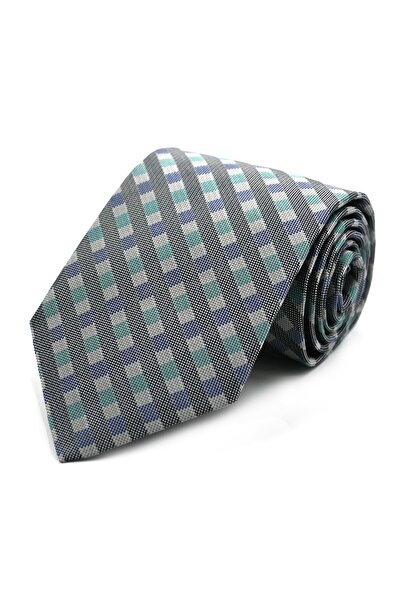 Sade Kravat Gray Turquoise Green Checkered Plaid Silk Tie 32605 Gray