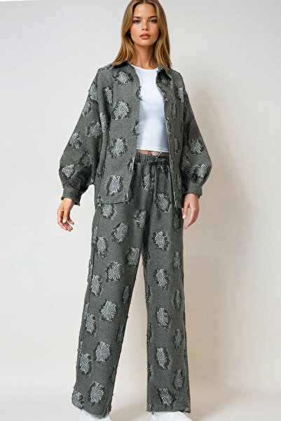 Trend Alaçatı Stili Women's Khaki Tasseled Oversized Shirt and Elastic Waist ...