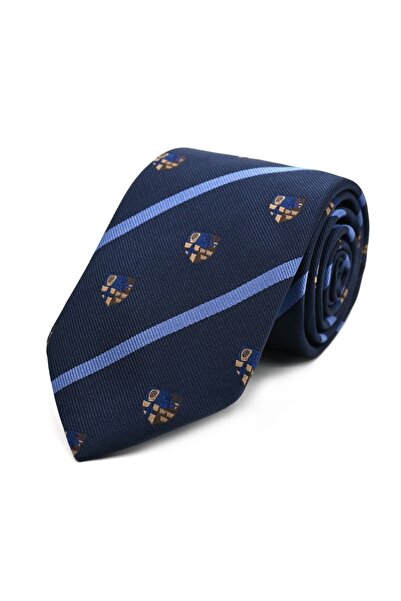 Sade Kravat Lacivert Mavi Çizgili Kahve Arma Desenli Özel Dokuma Kravat 32802...