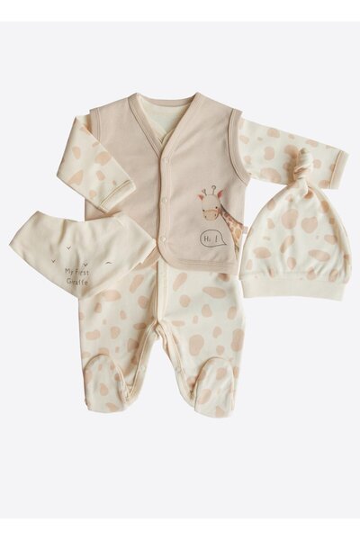 kitikate Organic Gıraffe 4-Piece Jumpsuit Set Beige